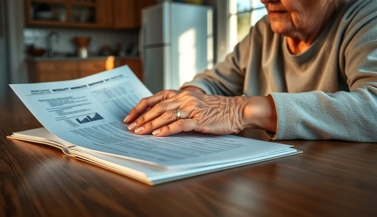 Elderly woman's hands resting on medical documents at a kitchen table