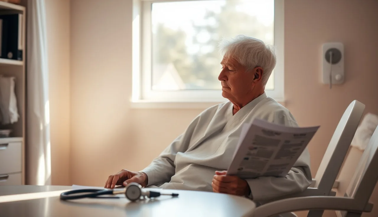 Older man in cardiology exam room with cardiac report on table beside him