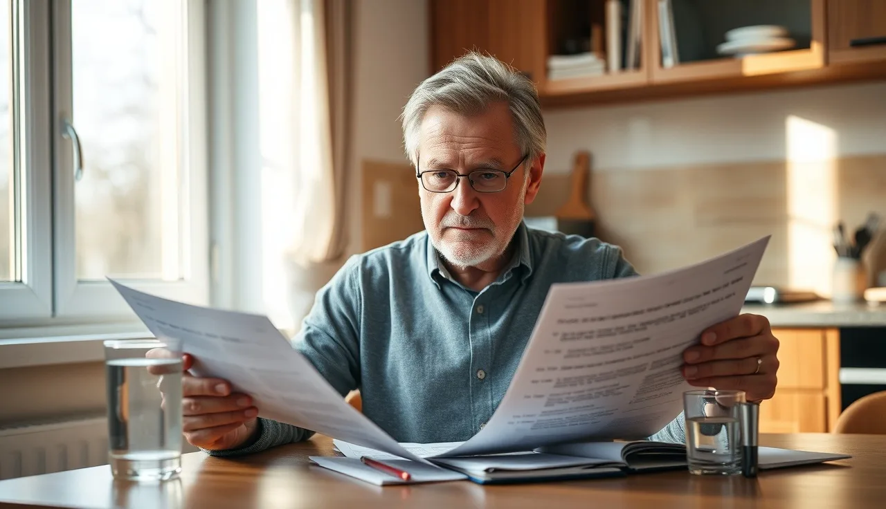 Person reviewing medical records at kitchen table for Crohn's disease disability claim