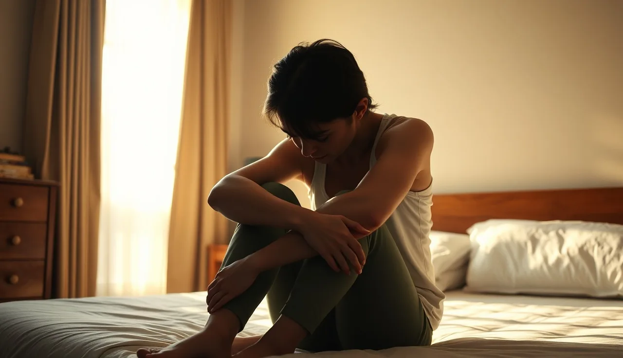 Person sitting alone in quiet bedroom with soft afternoon light, conveying mental illness