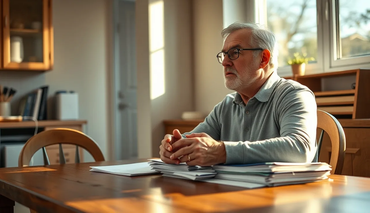 Person sitting at a kitchen table reviewing disability paperwork in afternoon light
