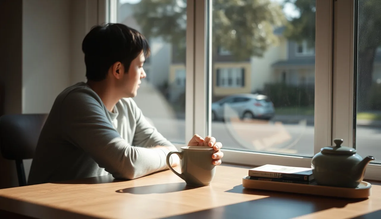 Person sitting alone at kitchen table with coffee mug, looking out window