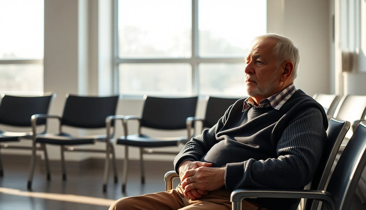 Elderly man waiting alone in a hospital room, natural light, disability context