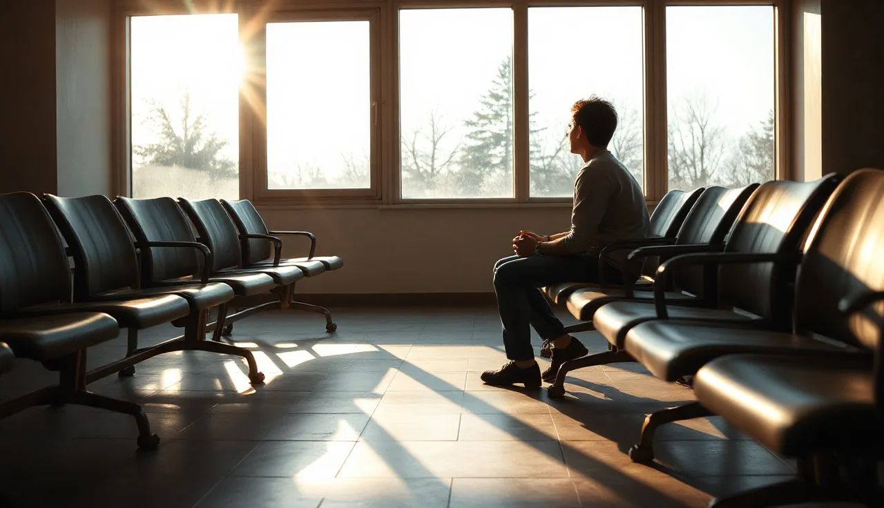 Person sitting alone in a sunlit waiting room, appearing to wait for a disability appointment