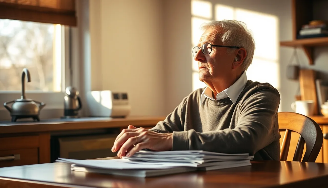 Adult with hearing aid reviewing disability paperwork at a sunlit kitchen table