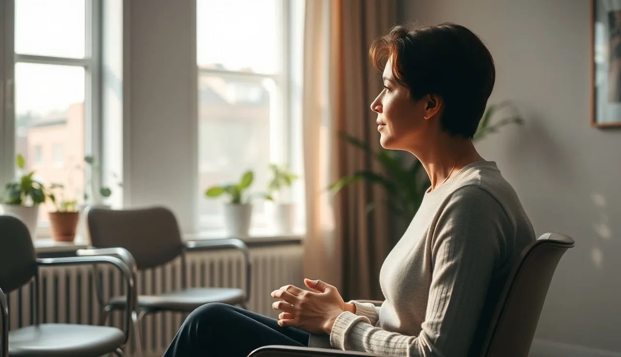 Person sitting in a therapy office with soft window light, mental illness disability context