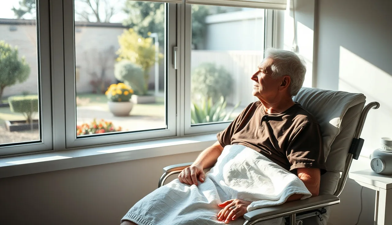 Person with cancer sitting in a sunlit hospital room chair looking out a window