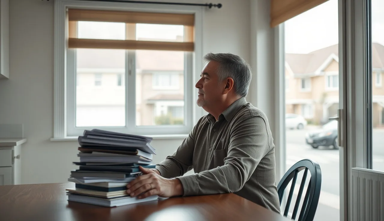 Person sitting at kitchen table with paperwork, looking out window in morning light