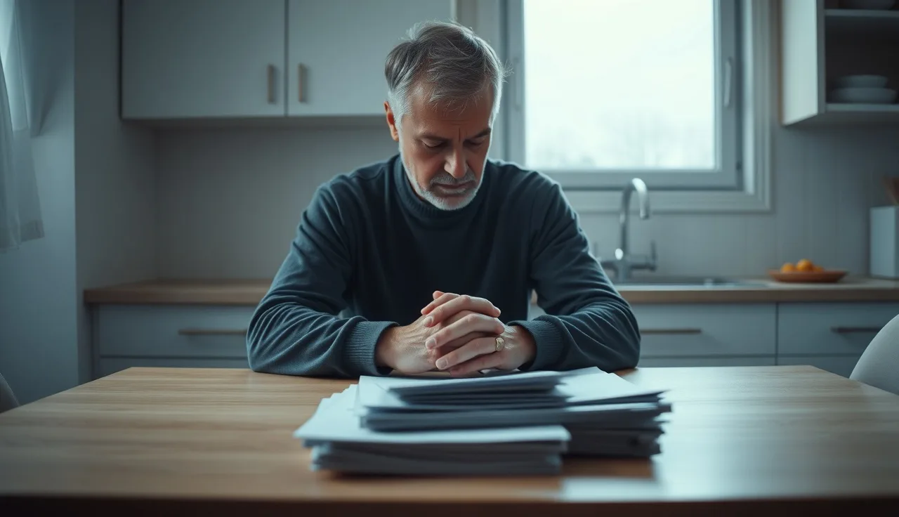 Person sitting at kitchen table reviewing disability paperwork for mental illness claim