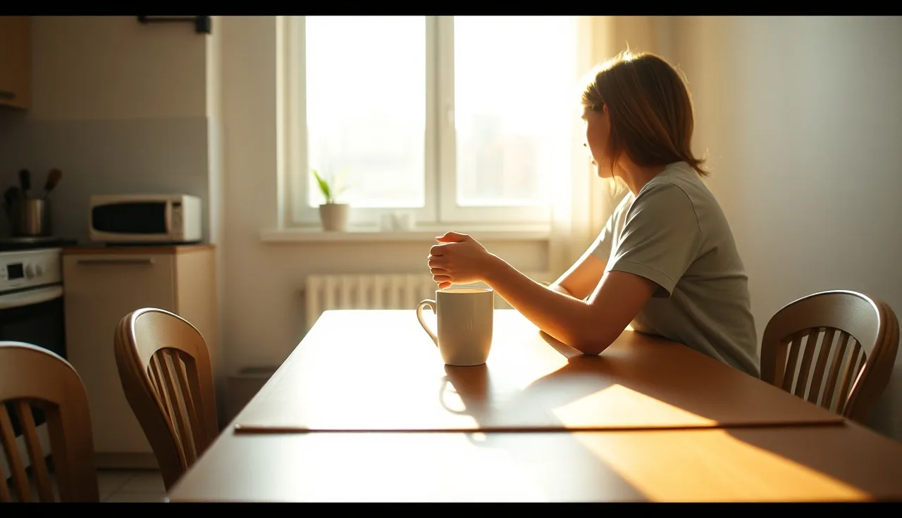Person sitting at kitchen table in morning light while applying for mental health disability