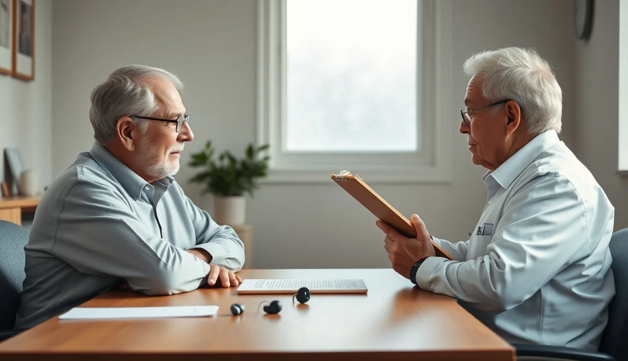 Older man and audiologist discussing hearing loss test results at a medical office table