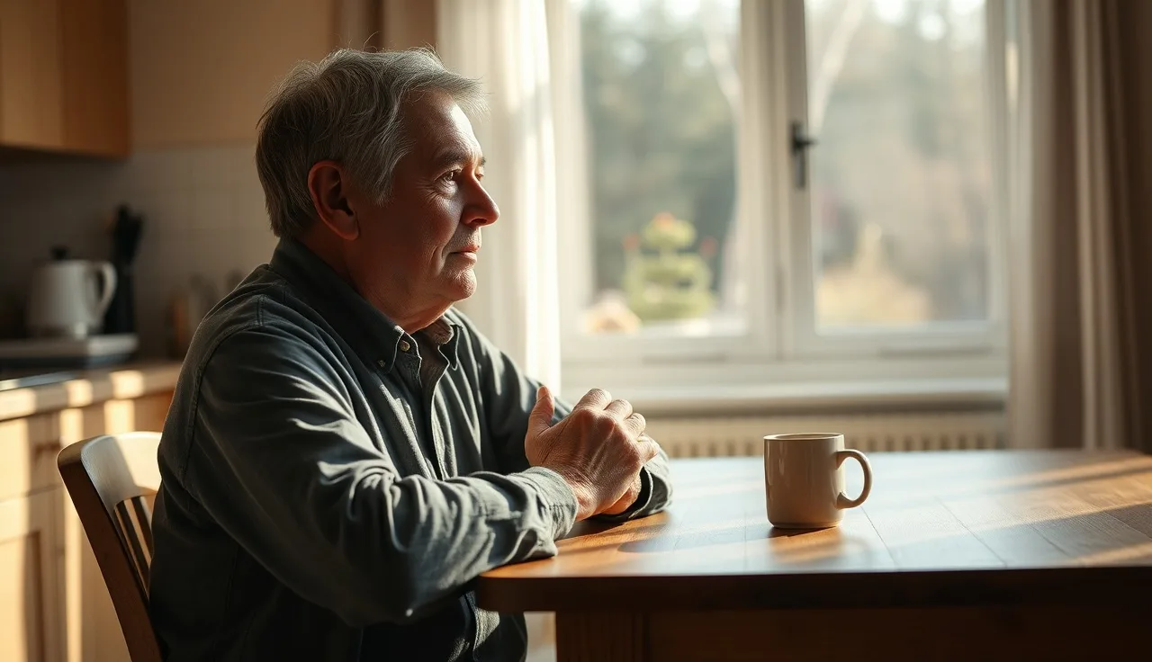 Elderly man sitting at kitchen table in morning light, awaiting disability decision