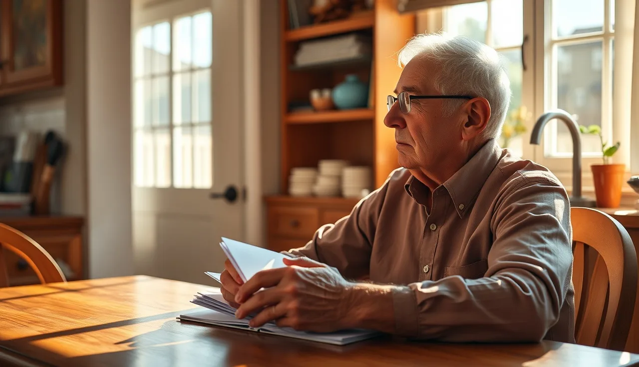Person sitting at kitchen table reviewing disability paperwork in morning light