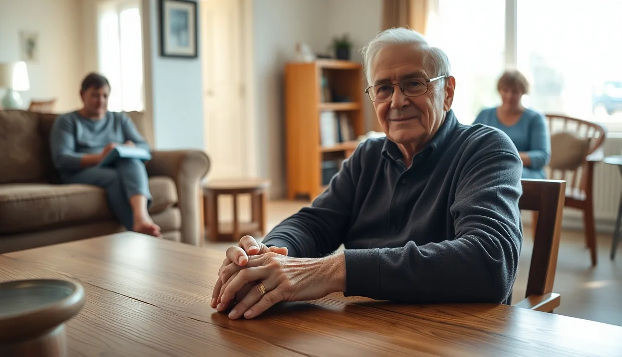 Man with Huntington's disease sitting with caregiver in sunlit home
