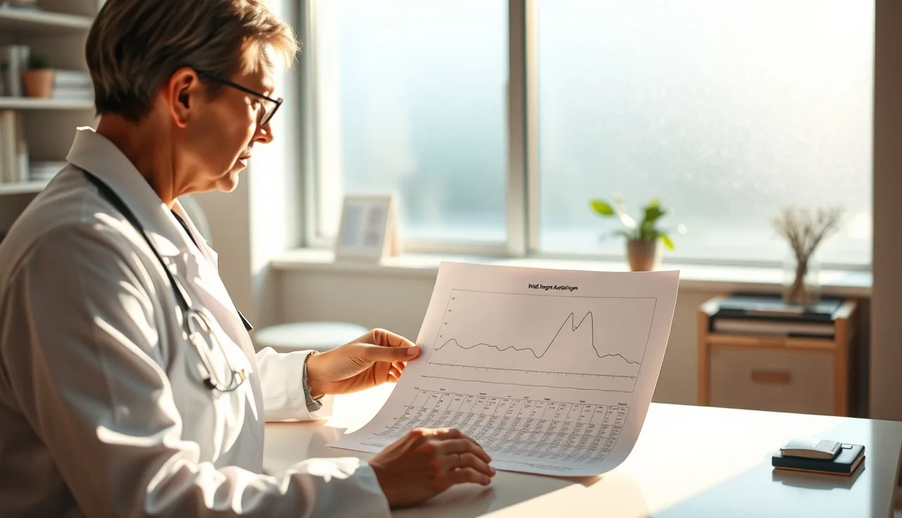 Audiologist examining a printed audiogram showing cookie bite hearing loss curve