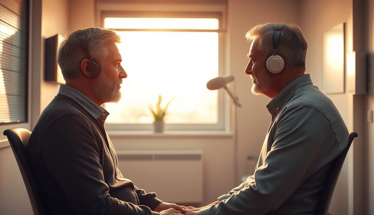 Man wearing headphones during an audiologist hearing test in a clinic