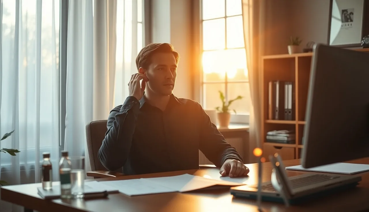 Person sitting at a home desk with hand near ear, reviewing documents