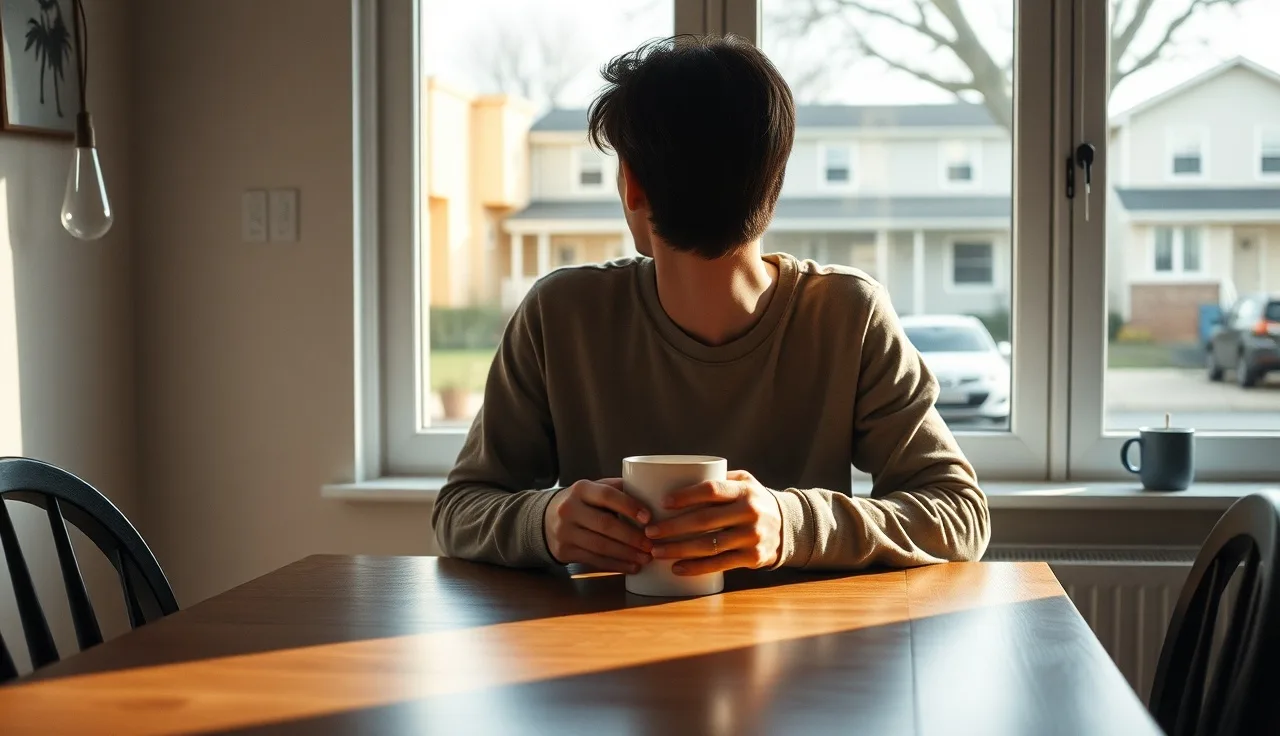 Person sitting quietly at a kitchen table, looking out a window, depicting mental health and disability