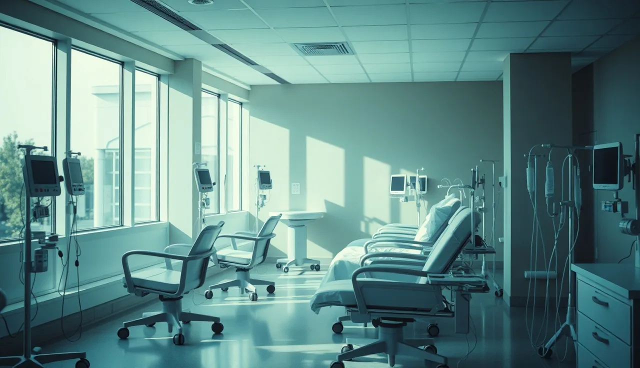Empty oncology infusion chairs near sunlit hospital windows, multiple myeloma treatment setting