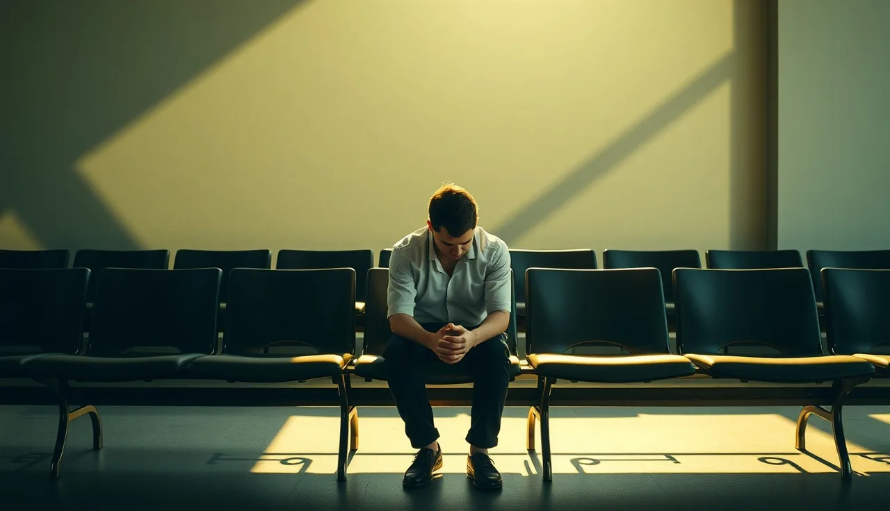 Person sitting alone in a sunlit waiting room, reflecting quietly, PTSD disability claim context