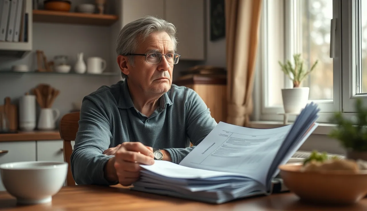 Person reviewing medical paperwork at kitchen table while applying for disability benefits