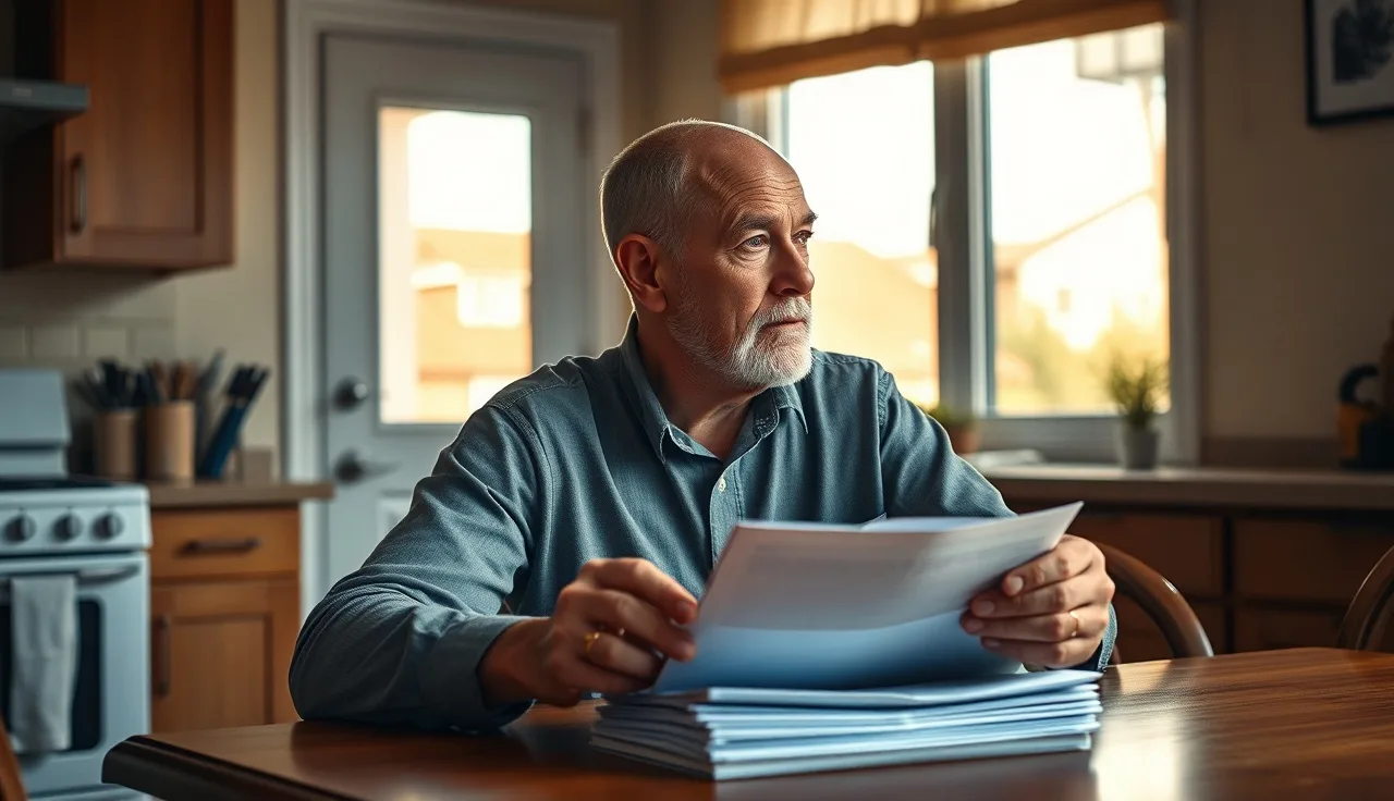 Man with serious illness sitting at kitchen table reviewing disability paperwork