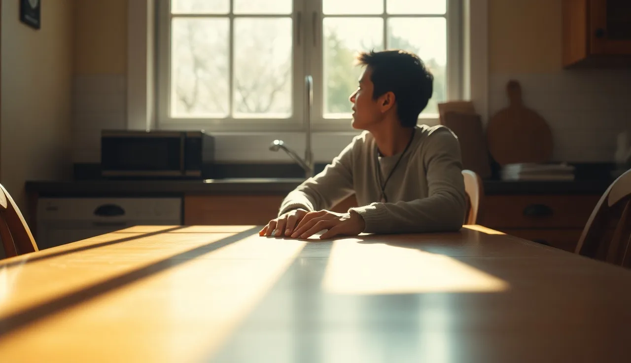 Person resting hands on a sunlit kitchen table, facing a window, reflecting quietly