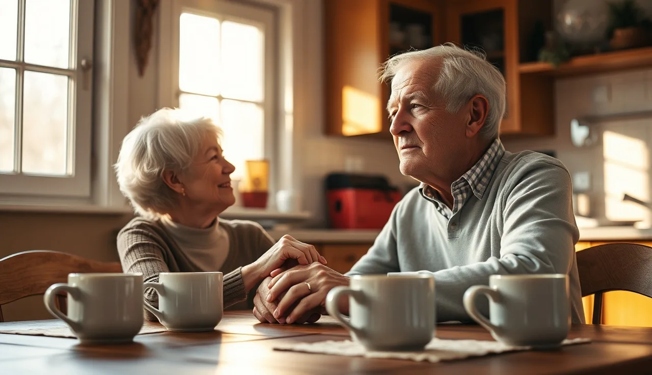 Caregiver holding hands with early-onset Alzheimer's patient at kitchen table