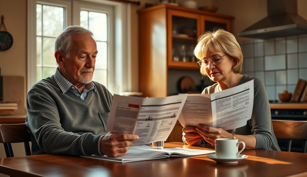 Man and woman reviewing medical documents at a kitchen table in warm light