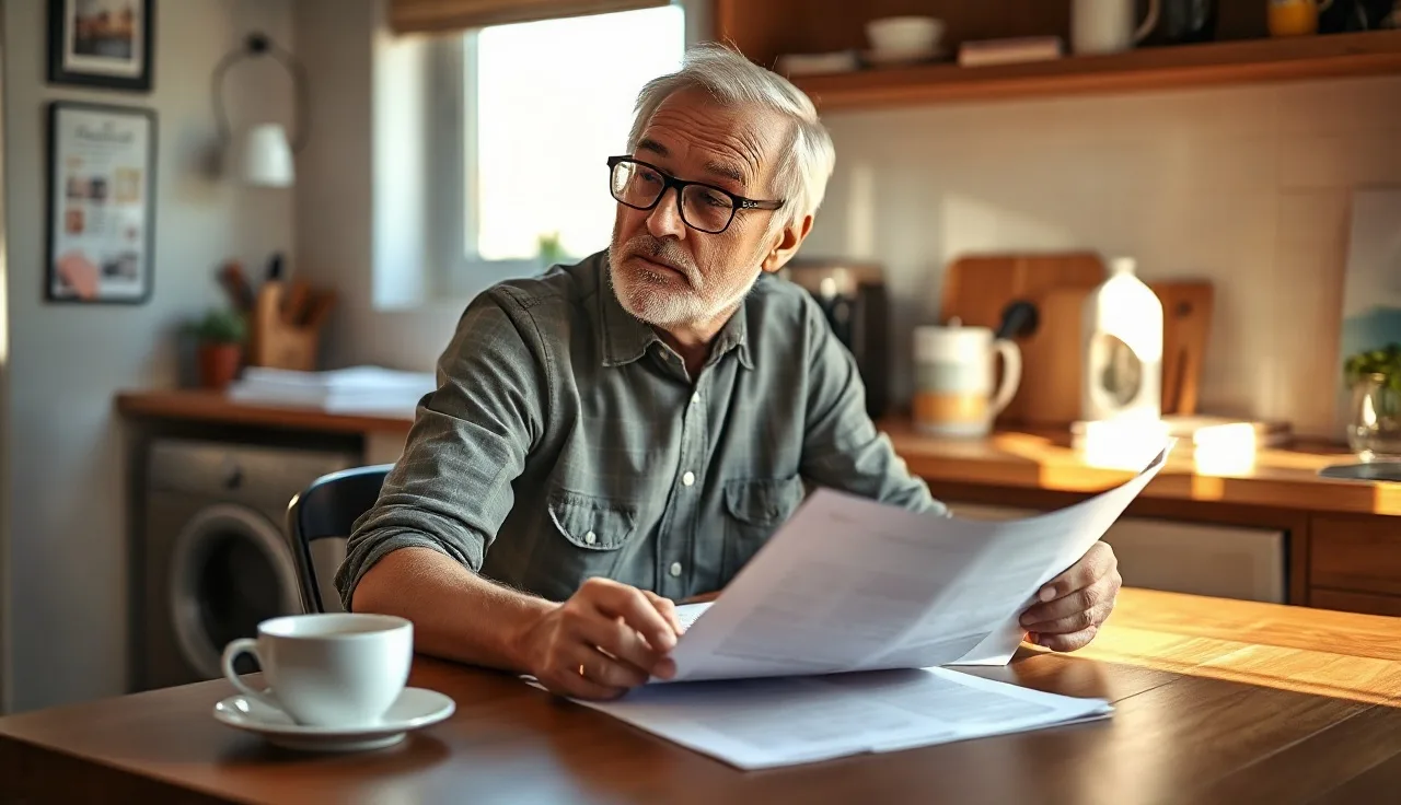 Man over 50 reviewing disability paperwork at kitchen table in morning light
