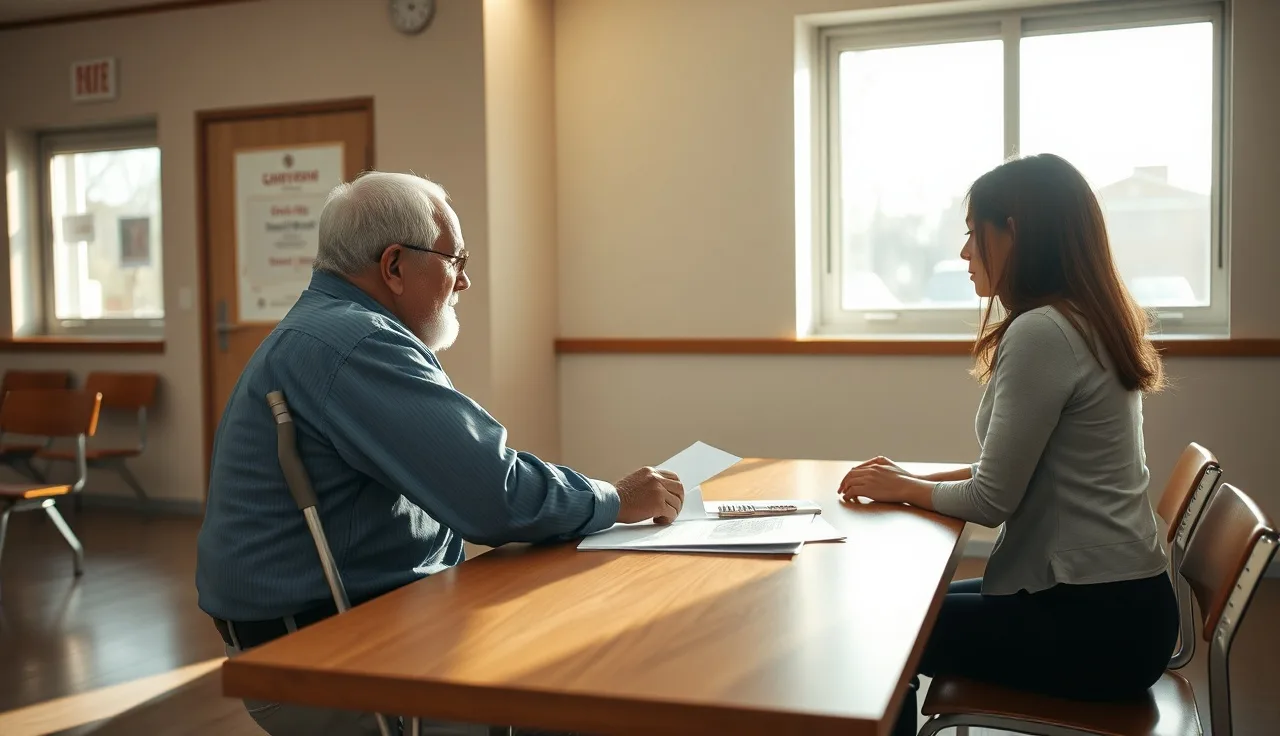 Man with a cane meeting with an advisor at a government office to discuss disability benefits