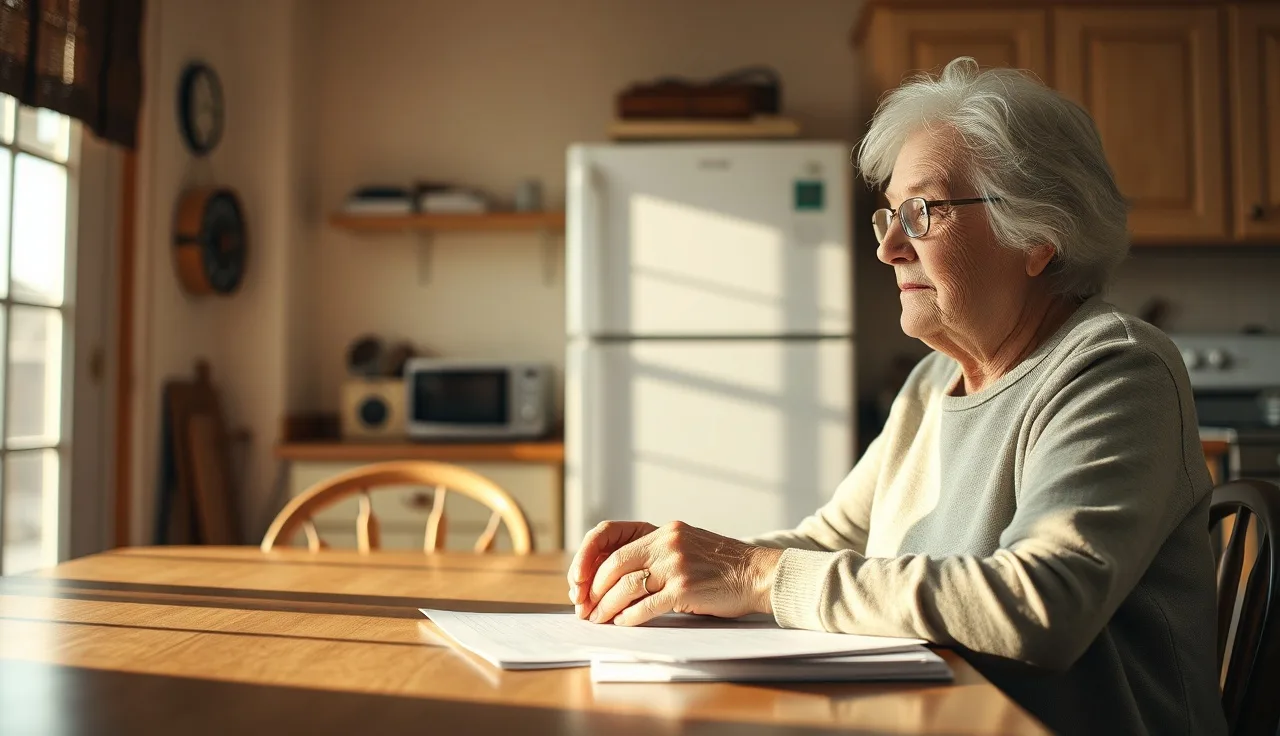 Older woman at kitchen table reviewing disability paperwork in morning light