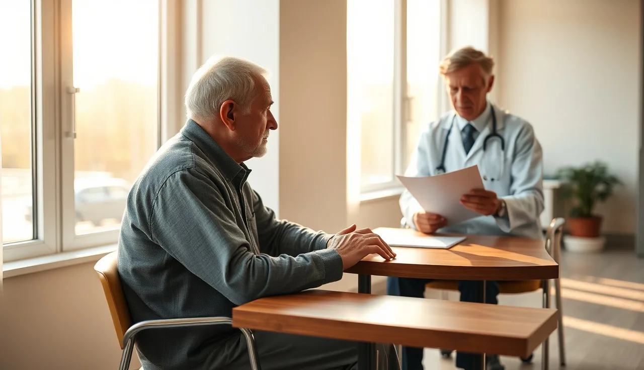 Elderly patient and physician in consultation room discussing compassionate allowance disability claim