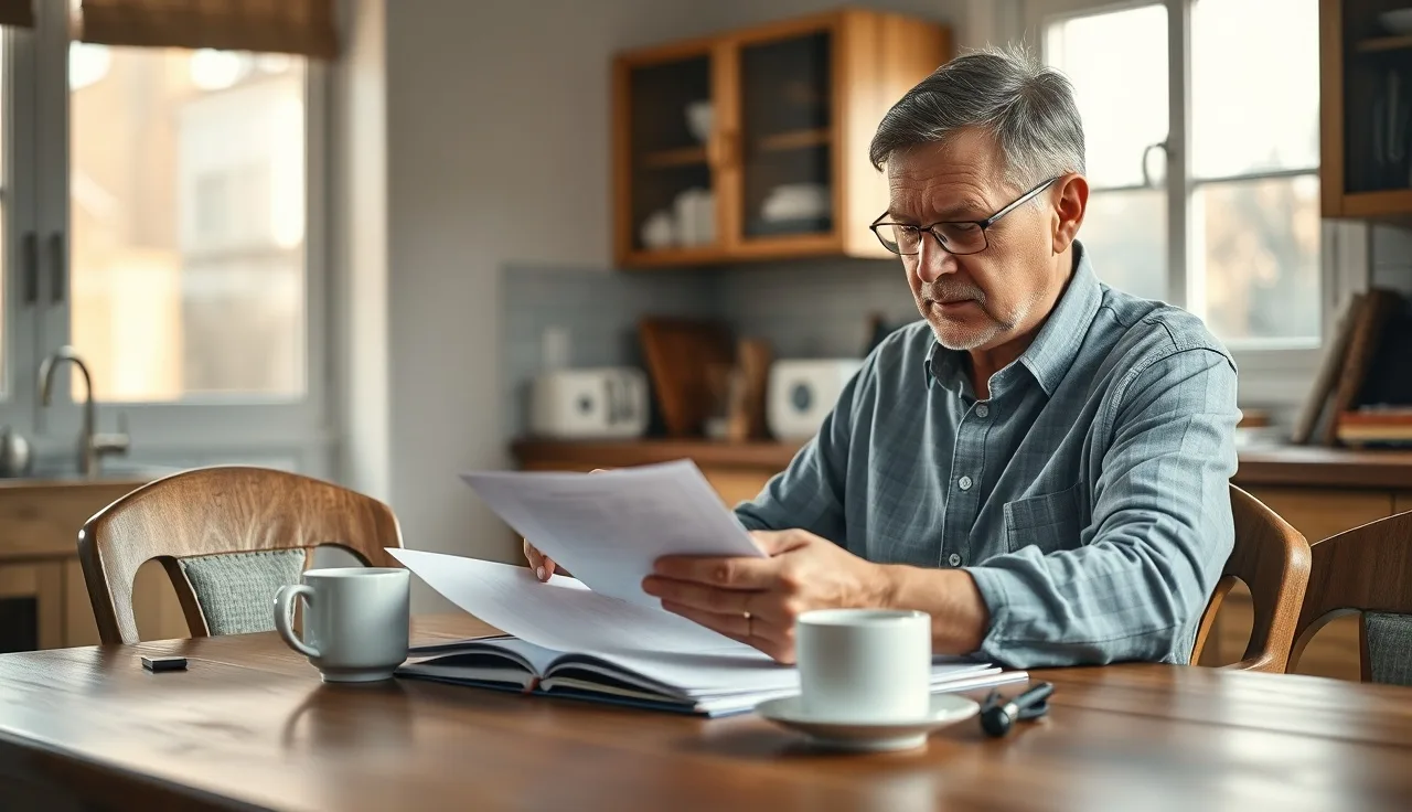 Person reviewing disability medical paperwork at a kitchen table in morning light