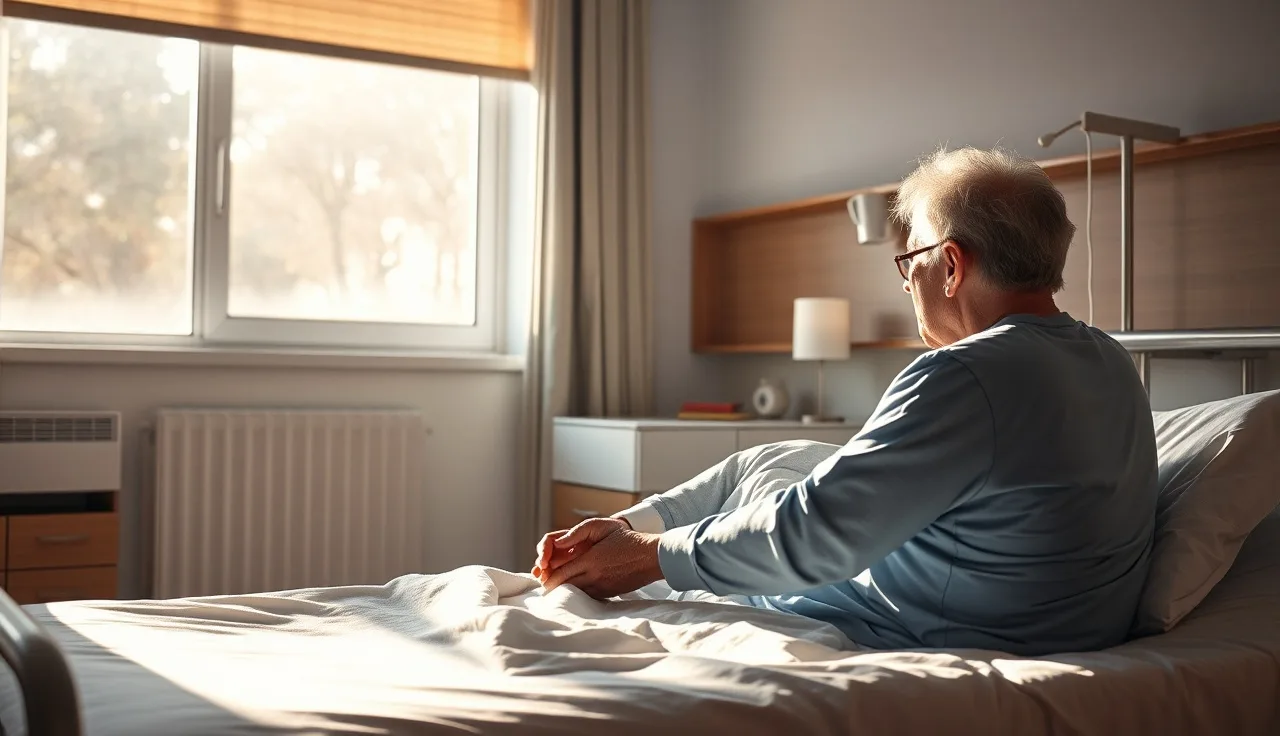 Elderly patient and caregiver holding hands in a sunlit hospital room