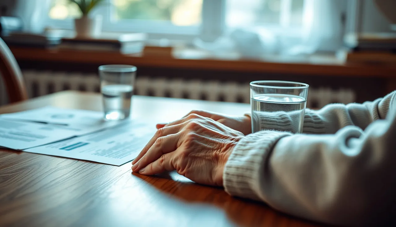 Elderly hands resting near disability paperwork on a kitchen table