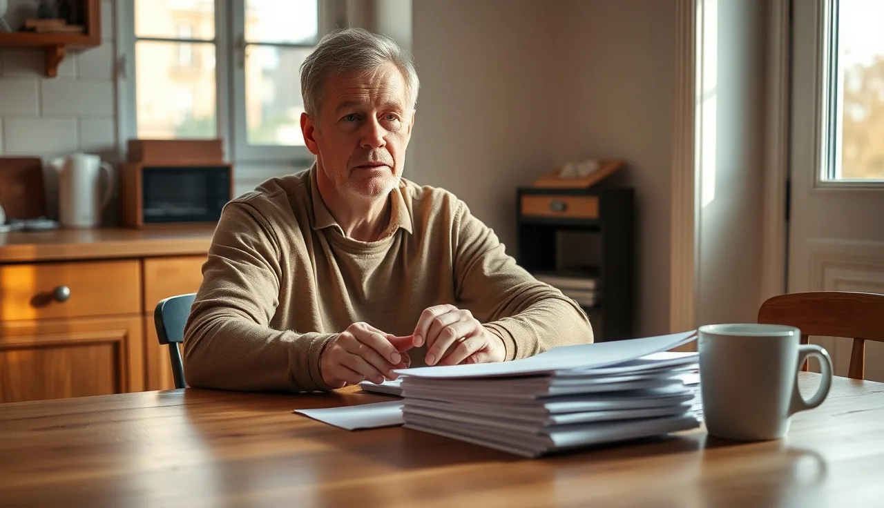 Adult reviewing disability paperwork at a kitchen table with morning light