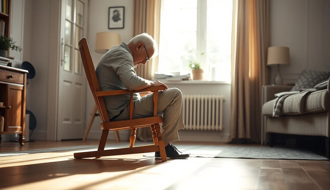Man pressing hands to his lower back while seated, showing chronic back pain