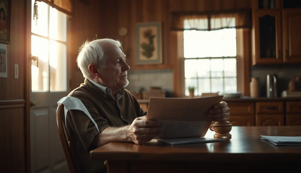 Elderly man at kitchen table with medical folder awaiting disability claim decision