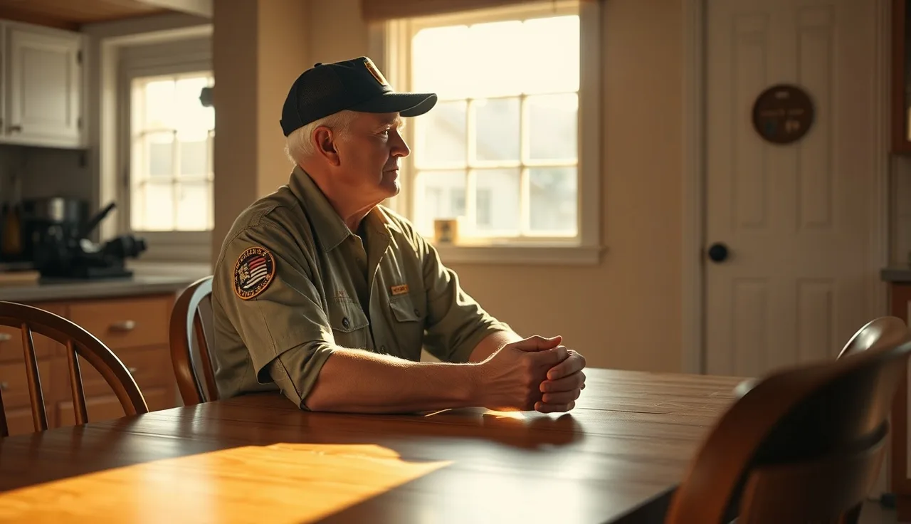 Veteran sitting alone at a kitchen table in morning light, showing quiet distress from PTSD