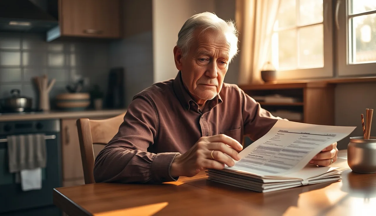 Older man at kitchen table reviewing medical paperwork for disability claim