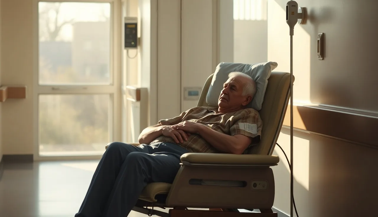 Patient resting in hospital chair near window during lung cancer treatment