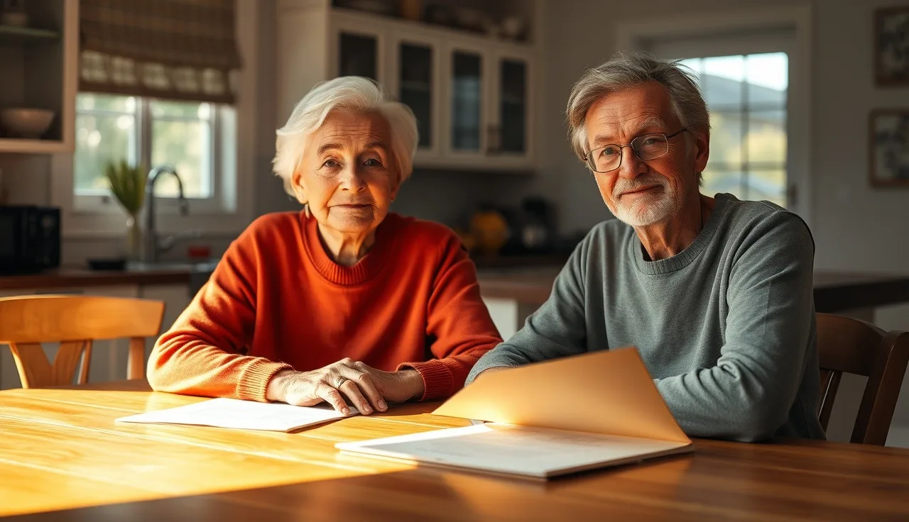 Elderly patient and family member reviewing disability paperwork at kitchen table