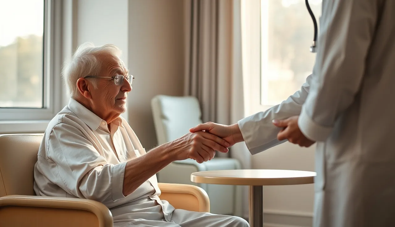 Elderly patient and doctor holding hands in a sunlit hospital room