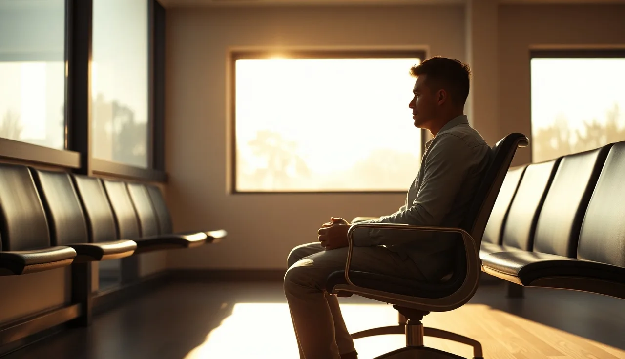 Person sitting in a sunlit waiting room, conveying the weight of a mental health disability claim