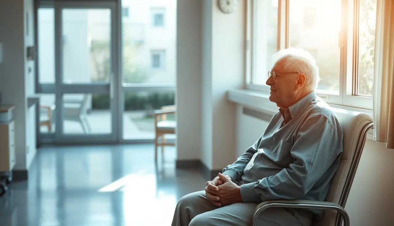 Elderly man in hospital room looking out window, disability benefits context