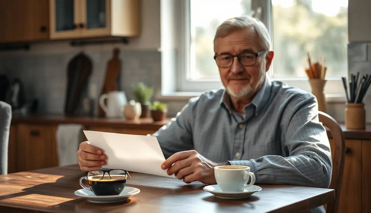 Man reading opened envelope at kitchen table, SSDI payment notice
