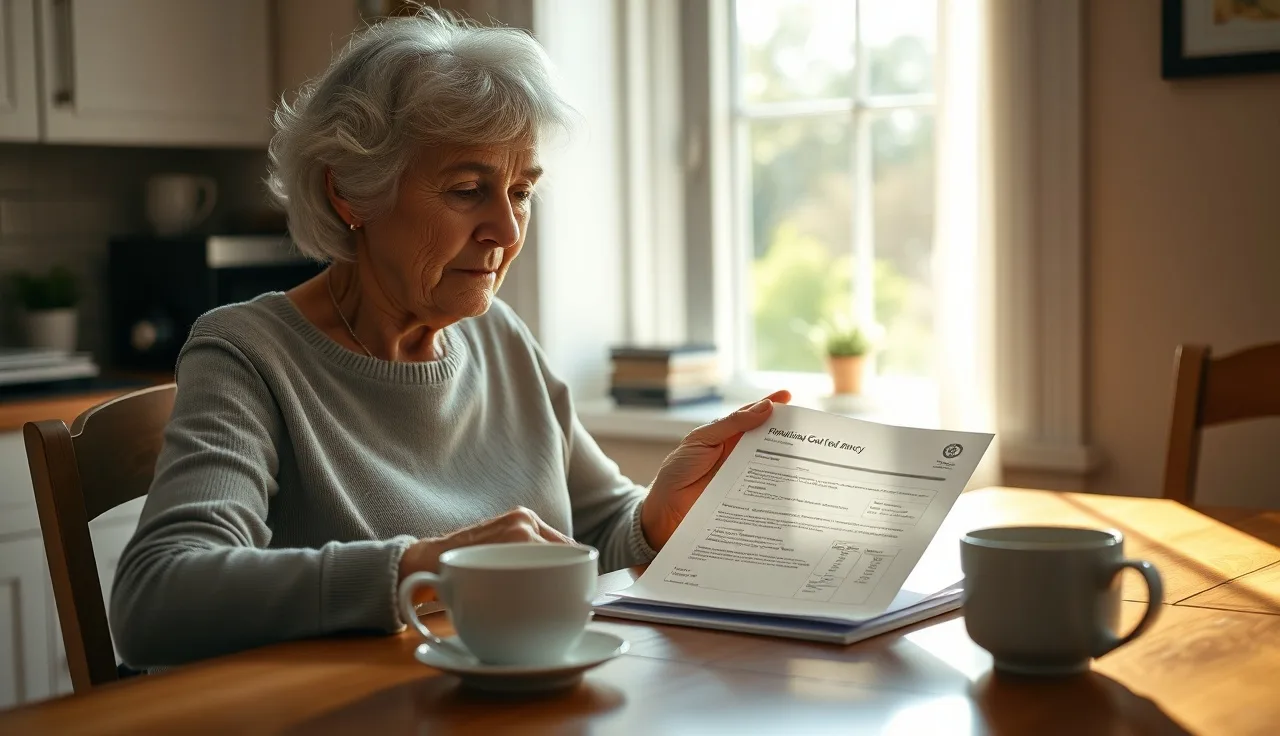 Older woman reading a Social Security benefits letter at kitchen table