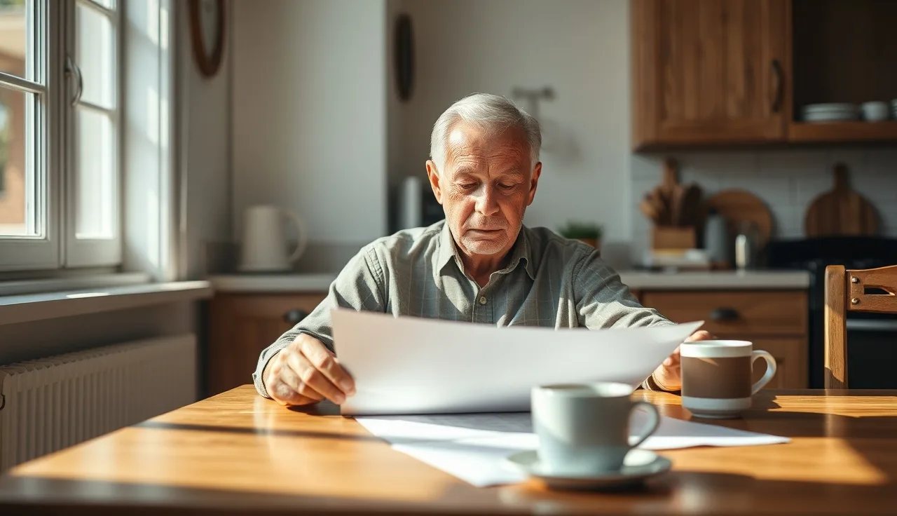 A 62-year-old man reviewing disability paperwork at a kitchen table in morning light