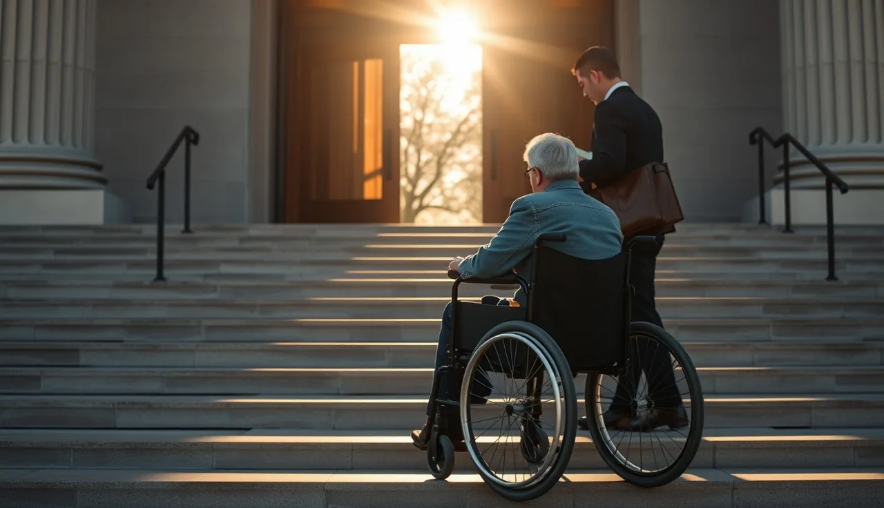 Person in a wheelchair consulting with an ADA lawyer outside a federal courthouse